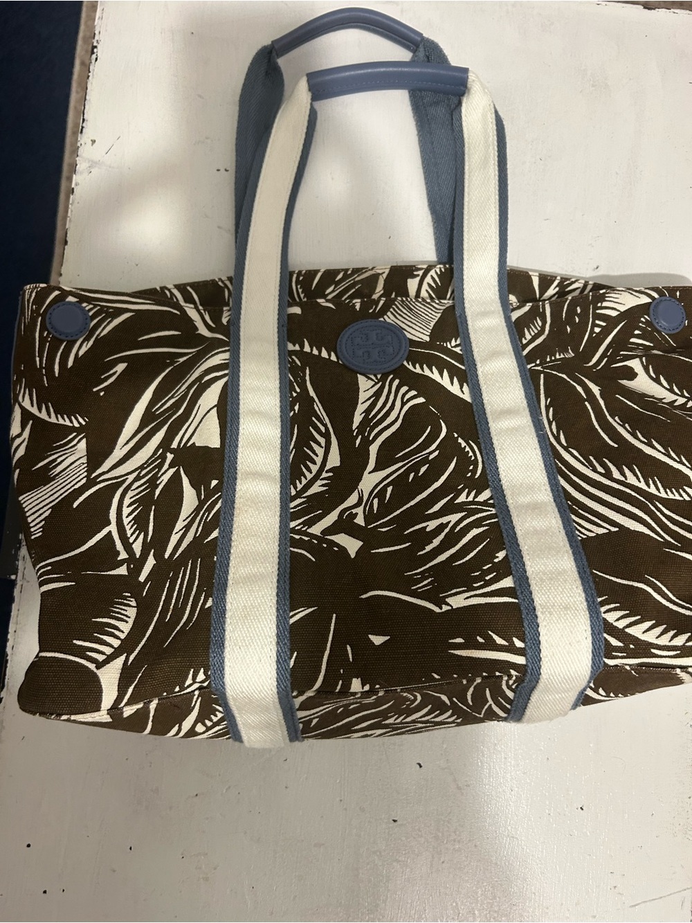 Tory Burch Brown and Cream Canvas Tote with Blue Trim -rare